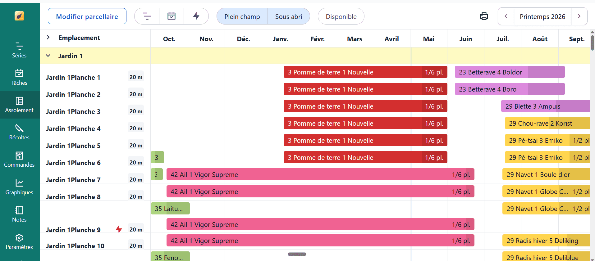 Screenshot der Anbauplanungs-Software Brinjel: Kulturkatalog und Saisonplanung